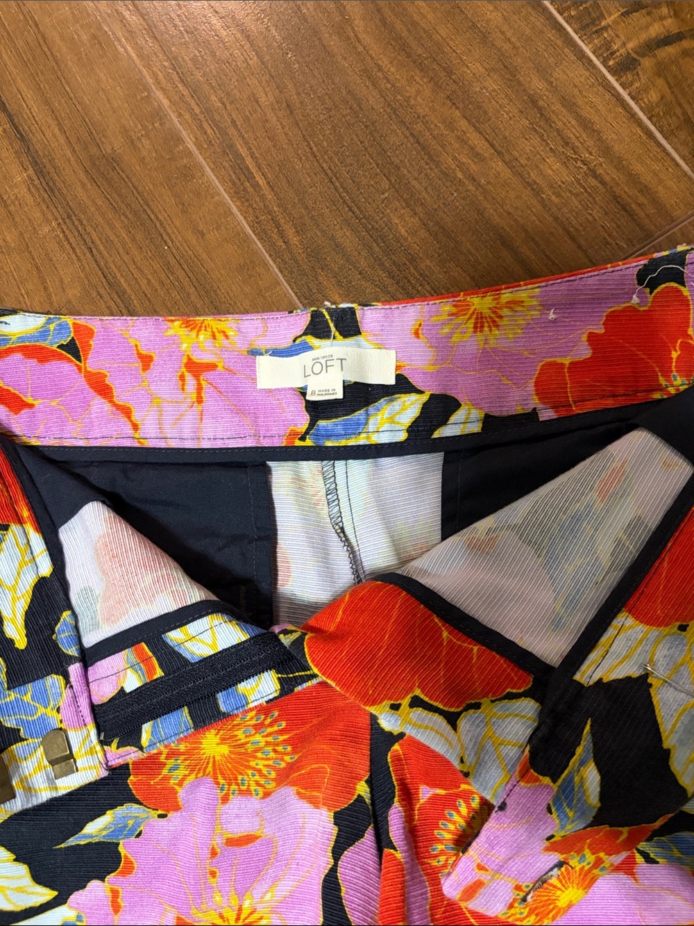LOFT Black Floral Skirt with Pink & Red Blooms